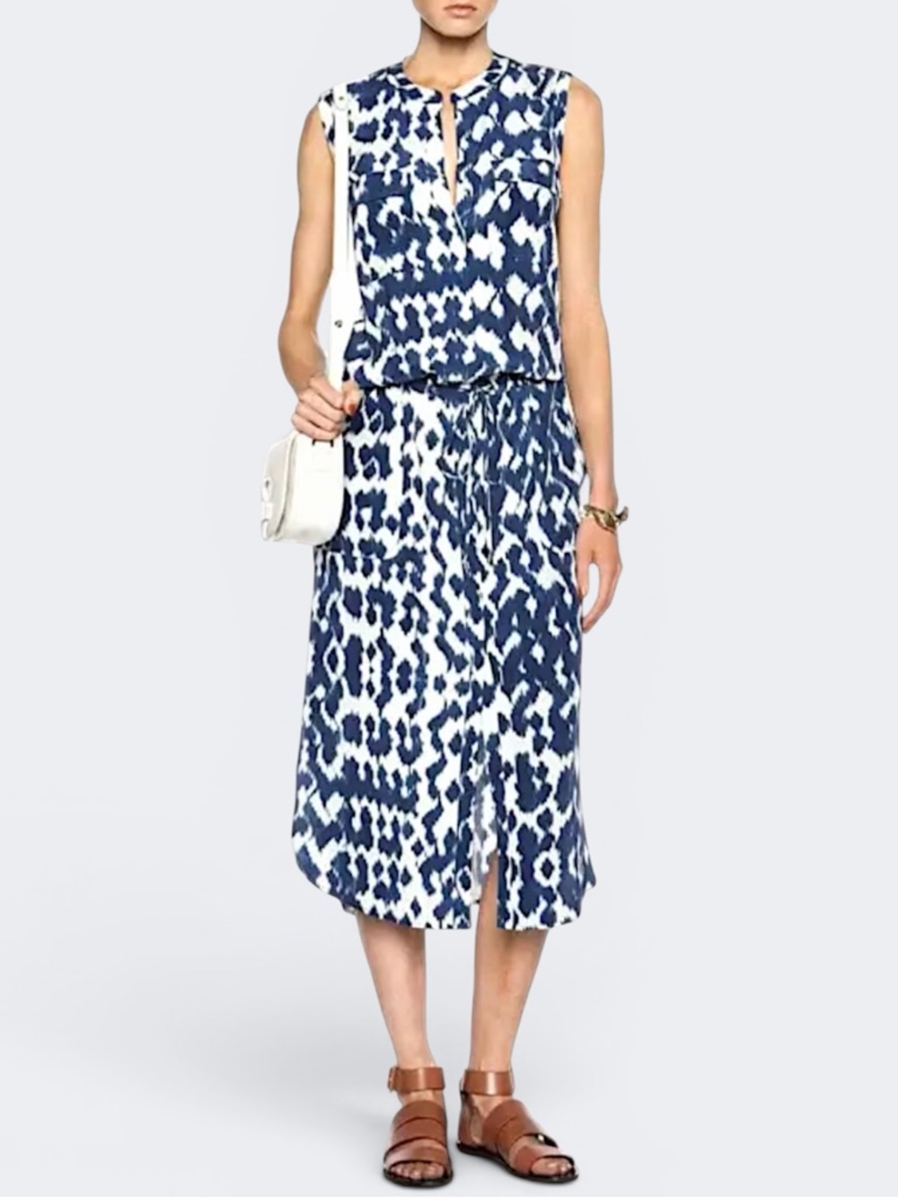 Vince 100% Silk Ikat Print Cargo Sleeveless Blouson Midi Dress Women’s Size S